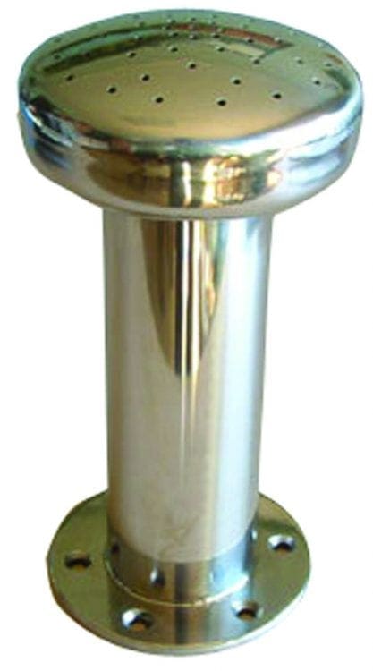 Polished stainless-steel bollard stands upright, topped with a rounded perforated cap, mounted to a circular flange with bolt holes, shown against a plain light background.