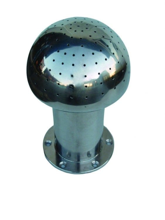 Stainless steel mushroom-shaped vent cap is mounted on a flanged base with bolt holes; its perforated dome reflects surroundings against a plain white background.