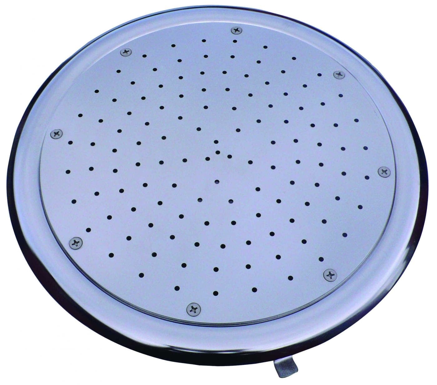 Round chrome showerhead displays dozens of small water nozzles; six screws secure its faceplate; photographed close-up against a plain white background.