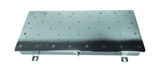 Rectangular perforated metal panel lies flat, showing evenly spaced rivets and small round ventilation holes, two mounting brackets along one long edge, photographed against a plain white background.