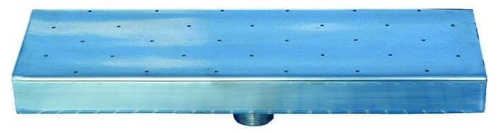 Rectangular chrome rain showerhead, perforated across its flat face, rests with its centered threaded inlet visible beneath, shown against a plain white background.