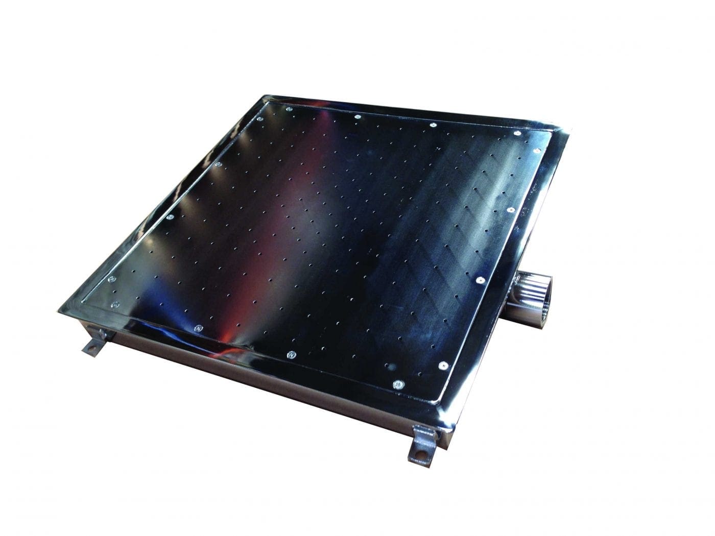 Square stainless steel perforated plate resting on mounting brackets, with evenly spaced small holes and bolted perimeter, a cylindrical inlet protrudes from one side against a plain white background.