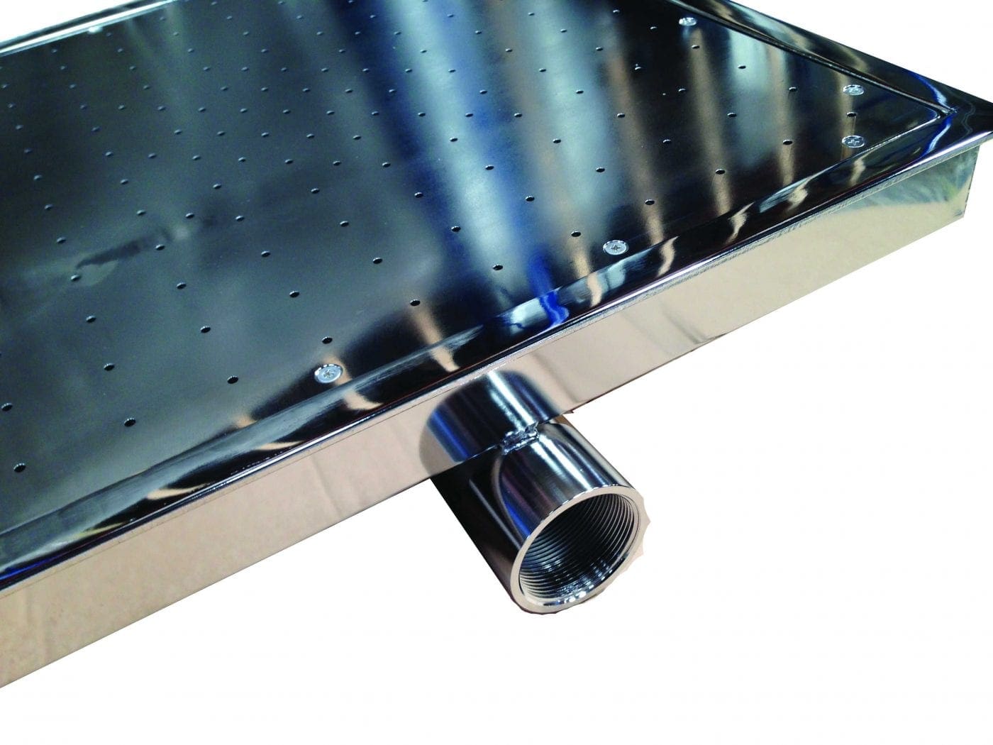 Rectangular chrome showerhead plate dotted with an array of small spray holes, attached to a threaded cylindrical water inlet protruding beneath, reflecting blue highlights against a clean white background.