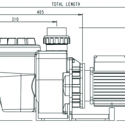 Centrifugal pump and motor assembly depicted in side technical drawing, annotated with dimension arrows reading TOTAL LENGTH, 405, 310, 201, 340.