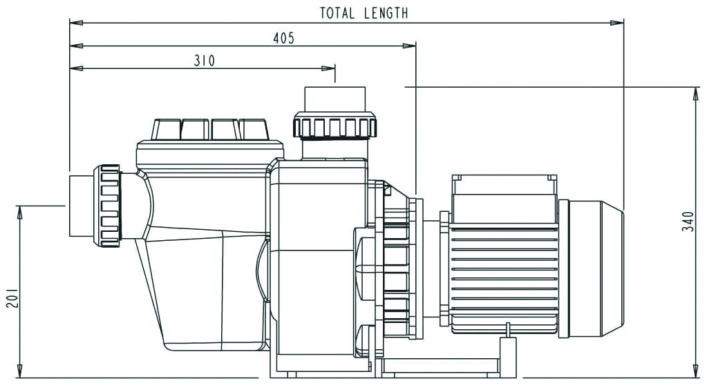 Centrifugal pump and motor assembly depicted in side technical drawing, annotated with dimension arrows reading TOTAL LENGTH, 405, 310, 201, 340.