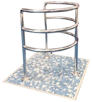 Chrome curved three-rail safety barrier stands mounted on a small square blue-and-white mosaic-tiled platform, forming a half-cylinder guardrail likely for pool or step-edge protection.