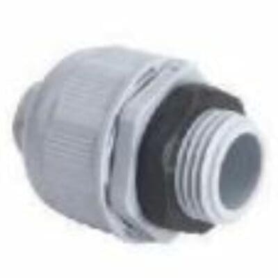 Grey plastic cable gland securing a cable; ribbed cap compresses the cable while threaded body and hex nut anchor into an enclosure, shown on a white background.