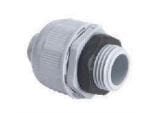 Grey plastic cable gland securing a cable; ribbed cap compresses the cable while threaded body and hex nut anchor into an enclosure, shown on a white background.