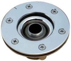 Chrome circular drain flange sits centered on a white background, showing a recessed central opening with rubber gasket and four Phillips-head screws spaced around the polished rim.