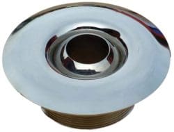 Chrome-plated round sink drain flange with central hole and threaded brass tailpiece sits facing camera on a white background, reflective surface showing faint studio reflections.