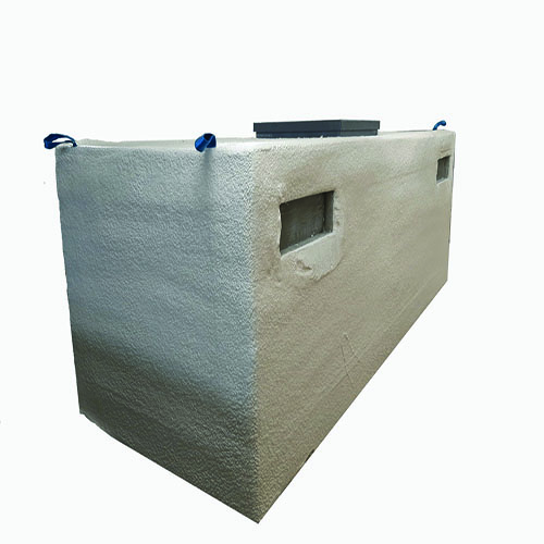 Large rectangular textured white tank sits on a plain white background with two recessed rectangular side openings blue lifting loops at top corners and a rectangular access hatch on top.