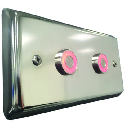 Chrome rectangular wall plate holds two circular push buttons with pink LED rings; plate is screw-mounted and shown angled on a white background with glossy reflections.