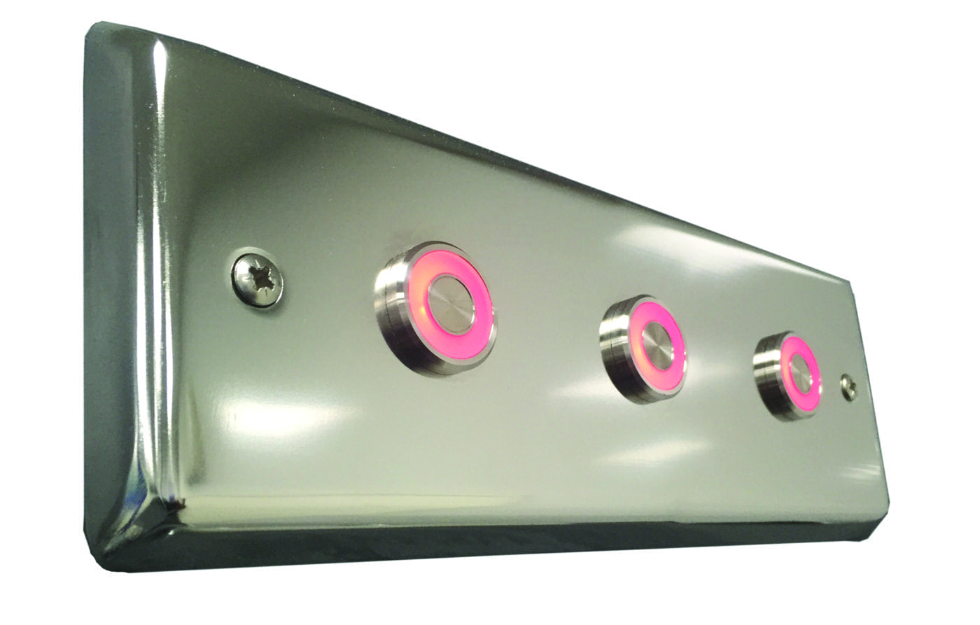 Stainless-steel angled wall plate with three circular illuminated pink-ring push buttons, two mounting screws visible, reflecting light as it sits isolated against a plain white background.