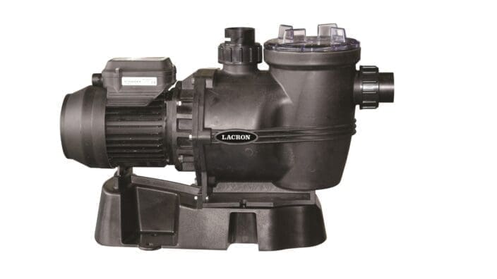 Black Lacron pool pump sits on a plastic base, electric motor attached, clear strainer lid and inlet and outlet fittings visible against a white background. Text: LACRON