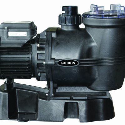 Black pool pump labeled LACRON pumps water, electric motor on the left connected to a strainer housing with clear lid and pipe fittings, all mounted on a molded plastic base.