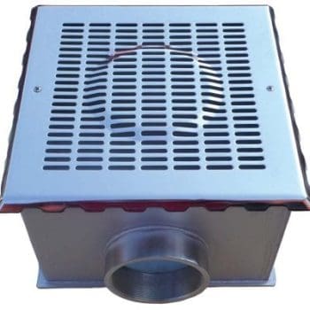 Galvanized metal floor drain box with a perforated top grate channels water through a central circular outlet pipe projecting from its side, shown against a plain white background.