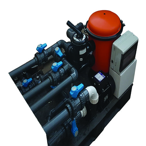 Pool-filtration plumbing with black PVC pipes and blue-handled valves connected to a pump and orange filter tank on a black base against white background; pump label illegible