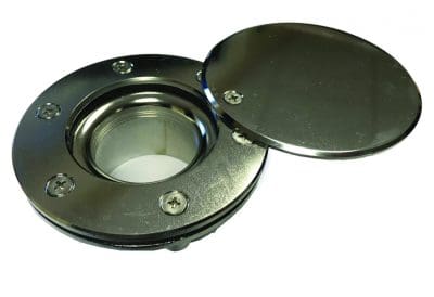 Round chrome deck plate has a hinged cover propped open, revealing a threaded circular opening; four screws secure the flange, photographed against a white background.