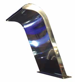Polished curved stainless steel fountain spout arches forward, its mirror surface reflecting blue and white highlights; mounted on a rectangular base and shown against a plain white background.