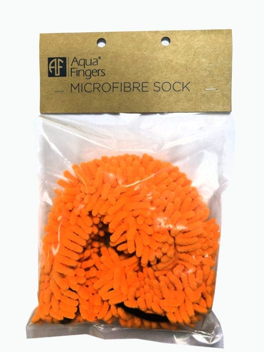 A bright orange chenille microfibre sock is coiled inside a clear plastic pouch under a brown kraft header card, which reads AF Aqua Fingers MICROFIBRE SOCK.