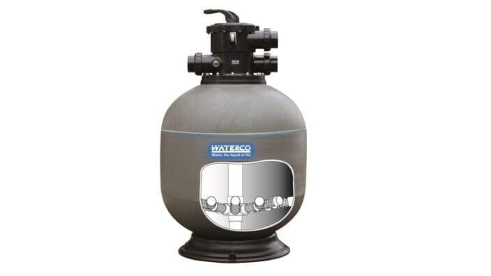 Round pool filter tank sits on a base, displays a top valve and cutaway showing internal lateral pipes against a white background, text reads WATERCO Water, the liquid of life
