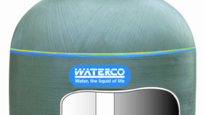 A spherical pool sand filter stands upright, topped by a multiport valve assembly, on a round pedestal against a white background, bearing the label "WATERCO" and "Water, the liquid of life".
