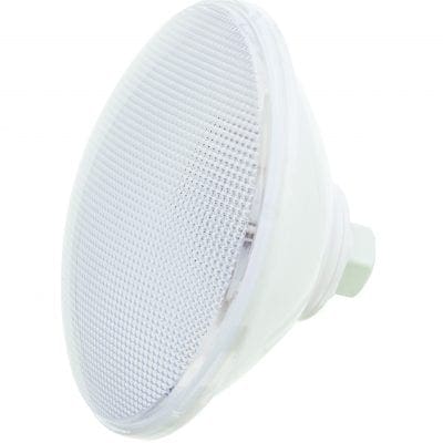 A white conical LED lamp tilts toward the viewer, showing a textured grid like diffuser and smooth plastic housing with a short hexagonal base against a plain white background.
