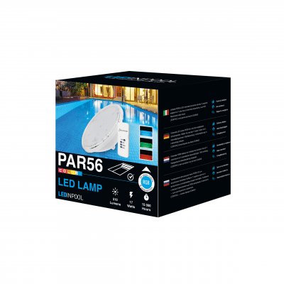 PAR56 LED lamp pictured on retail box, showing the fixture and remote beside a lit pool to imply underwater backyard lighting. Text on box: PAR56, COLOR, LED LAMP, LED IN POOL, IP68, RGB, 17 Watts.
