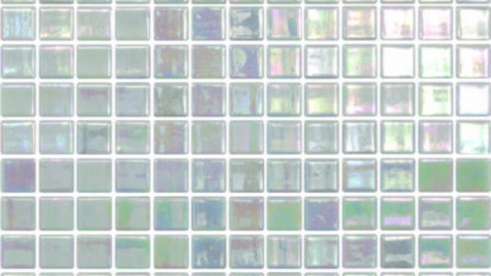 Square glass mosaic tiles reflect iridescent light, forming a uniform grid that covers the frame and produces a subtle gradient of pale green, blue, and purple on a glossy surface.