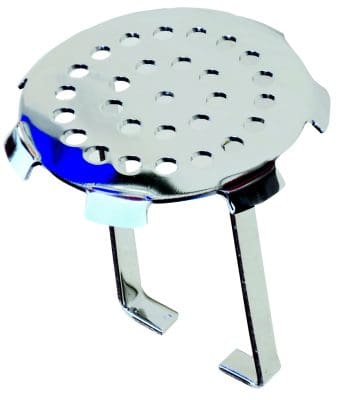 Polished stainless-steel three-legged trivet with a round perforated top; it stands upright on two angled legs and a third bent leg, shown isolated against a white background.