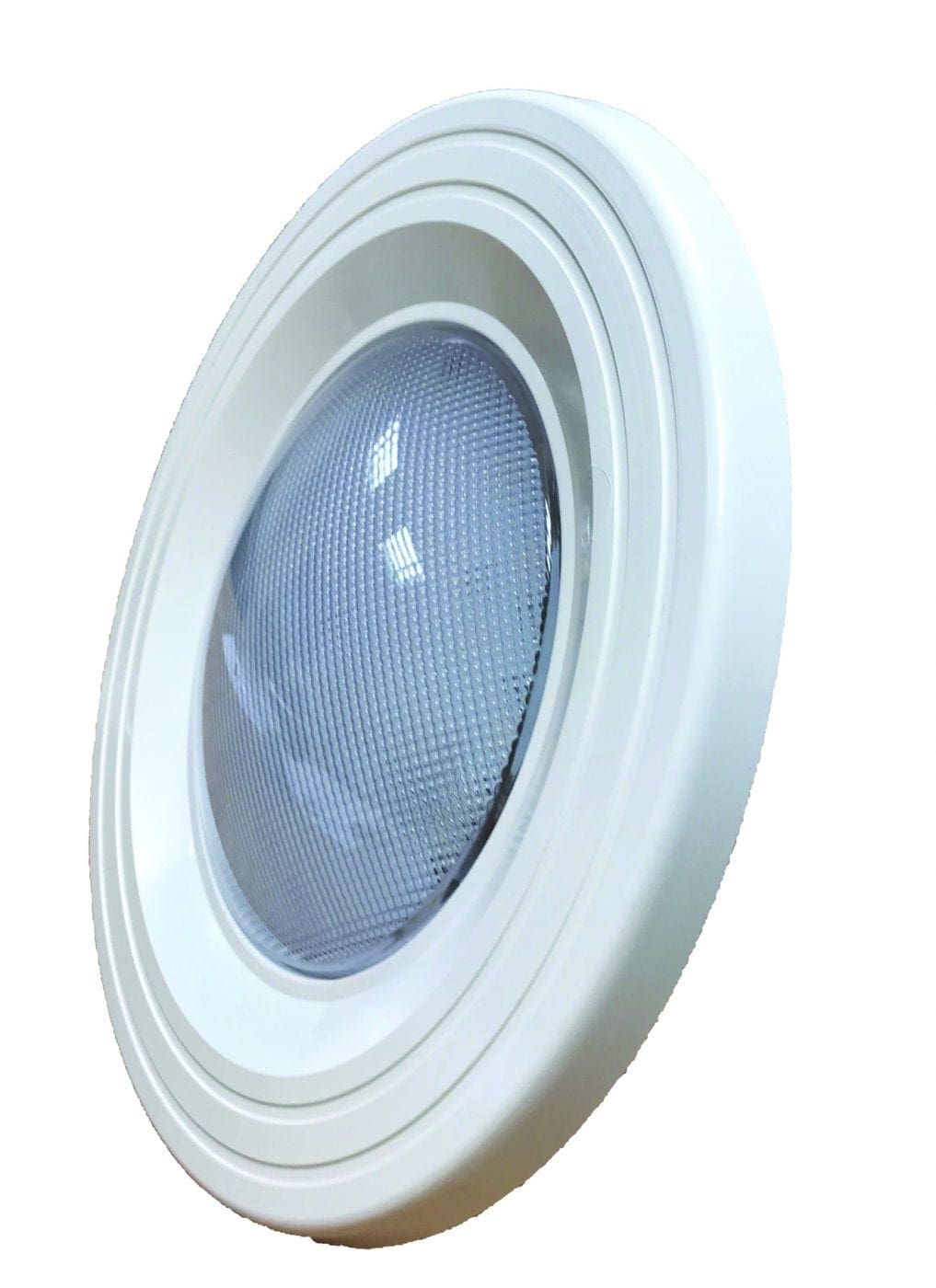 Round recessed ceiling light sits angled, showing a domed textured diffuser and concentric white trim against a plain white background.