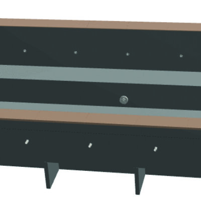 Rectangular recessed pool shell with internal bench and step sits empty within a black metal support frame, brown perimeter coping visible, set against a plain white background.