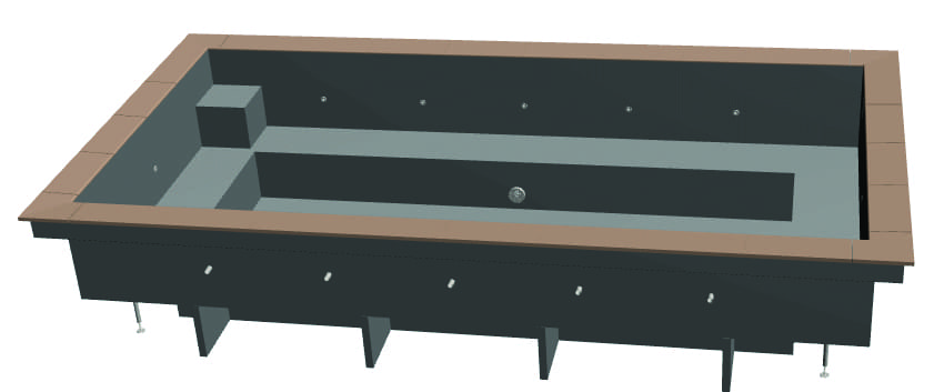 Rectangular recessed pool shell with internal bench and step sits empty within a black metal support frame, brown perimeter coping visible, set against a plain white background.