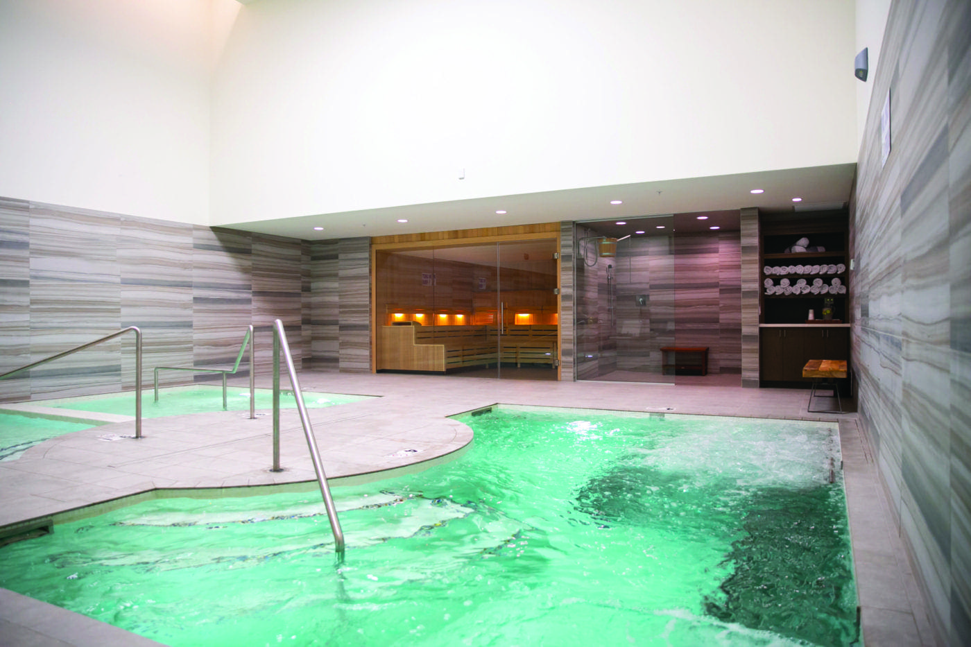 Indoor whirlpool spa pool with LED lighting