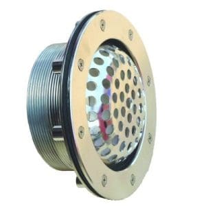 Circular stainless steel floor drain with perforated dome cover and threaded cylindrical body, shown detached from plumbing, photographed against a white background to display its mounting flange and bolt holes.