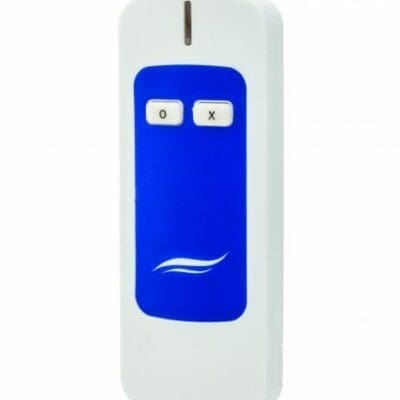 A handheld white-and-blue remote sits upright, showing two labeled buttons O and X, a slim IR window at top and a wave logo on its blue panel against white background.