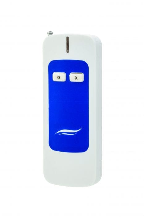 A handheld white-and-blue remote sits upright, showing two labeled buttons O and X, a slim IR window at top and a wave logo on its blue panel against white background.