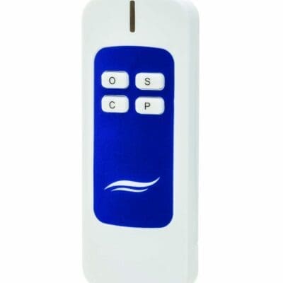 A handheld white remote control displays four labeled buttons reading O S C P, resting upright against a plain white background.
