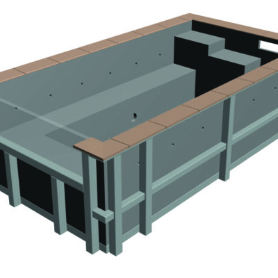 Rectangular pool shell rendered in teal with brown coping, sitting empty to reveal stepped seating and a central bench, shown in isolation on a white background; axis marker text: X Y Z