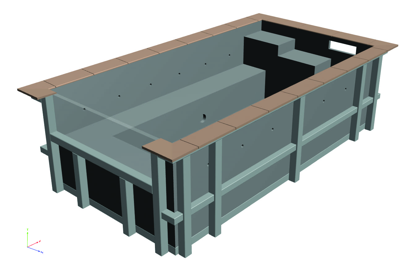 Rectangular pool shell rendered in teal with brown coping, sitting empty to reveal stepped seating and a central bench, shown in isolation on a white background; axis marker text: X Y Z