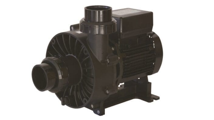 Black electric centrifugal pump sits on a small mounting base, inlet and outlet fittings projecting left, ribbed motor housing to the right, photographed against a plain white background.