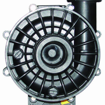 Circular pump housing displays radial reinforcing ribs and central shaft, with a short outlet pipe at top right, four mounting tabs around the rim, photographed flat against a white background.