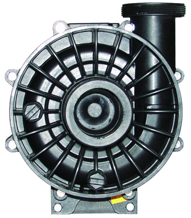 Circular pump housing displays radial reinforcing ribs and central shaft, with a short outlet pipe at top right, four mounting tabs around the rim, photographed flat against a white background.