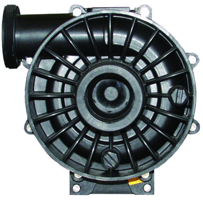 Circular black plastic pump housing displays radial support ribs and central hub, mounted with inlet pipe to the left and electrical base below, photographed against a white background.