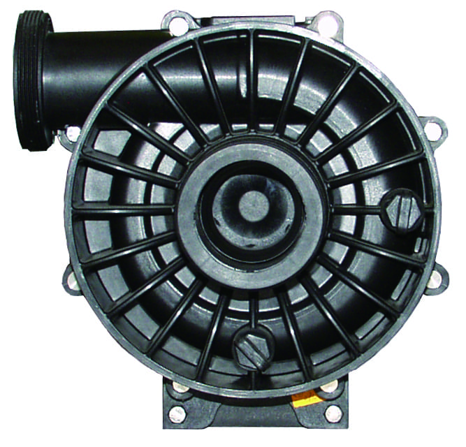 Circular black plastic pump housing displays radial support ribs and central hub, mounted with inlet pipe to the left and electrical base below, photographed against a white background.