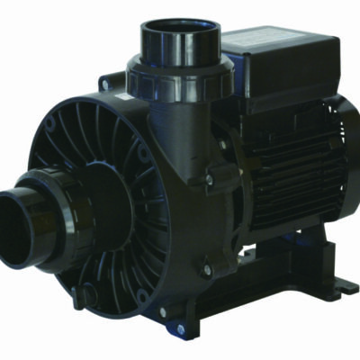 Black centrifugal water pump mounted on a metal base, showing front volute with inlet and outlet fittings and rear electric motor with cooling fins, photographed against a white background.