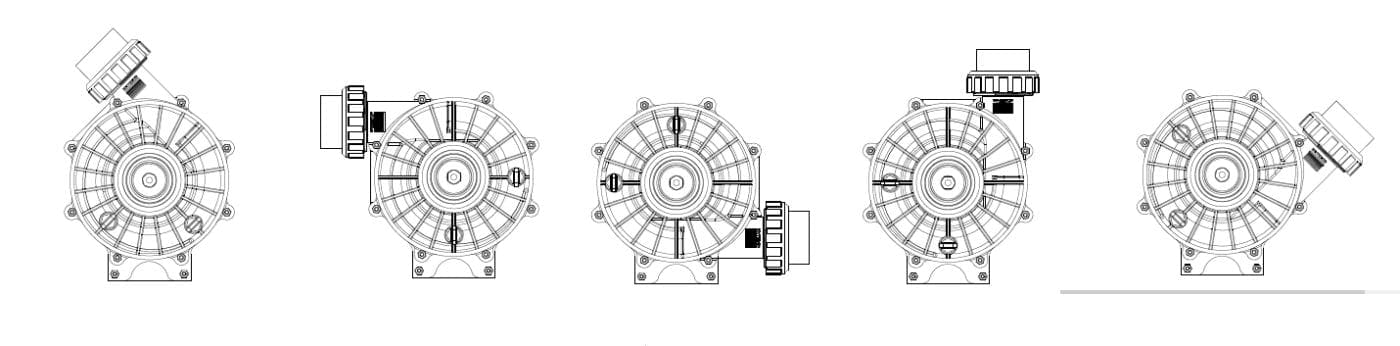 Circular industrial blower housing shown five times, each with an attached rectangular motor rotated to different positions, presented as technical line drawings on a white background.