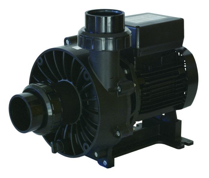 Black centrifugal water pump mounted on a metal base, showing front volute with inlet and outlet fittings and rear electric motor with cooling fins, photographed against a white background.