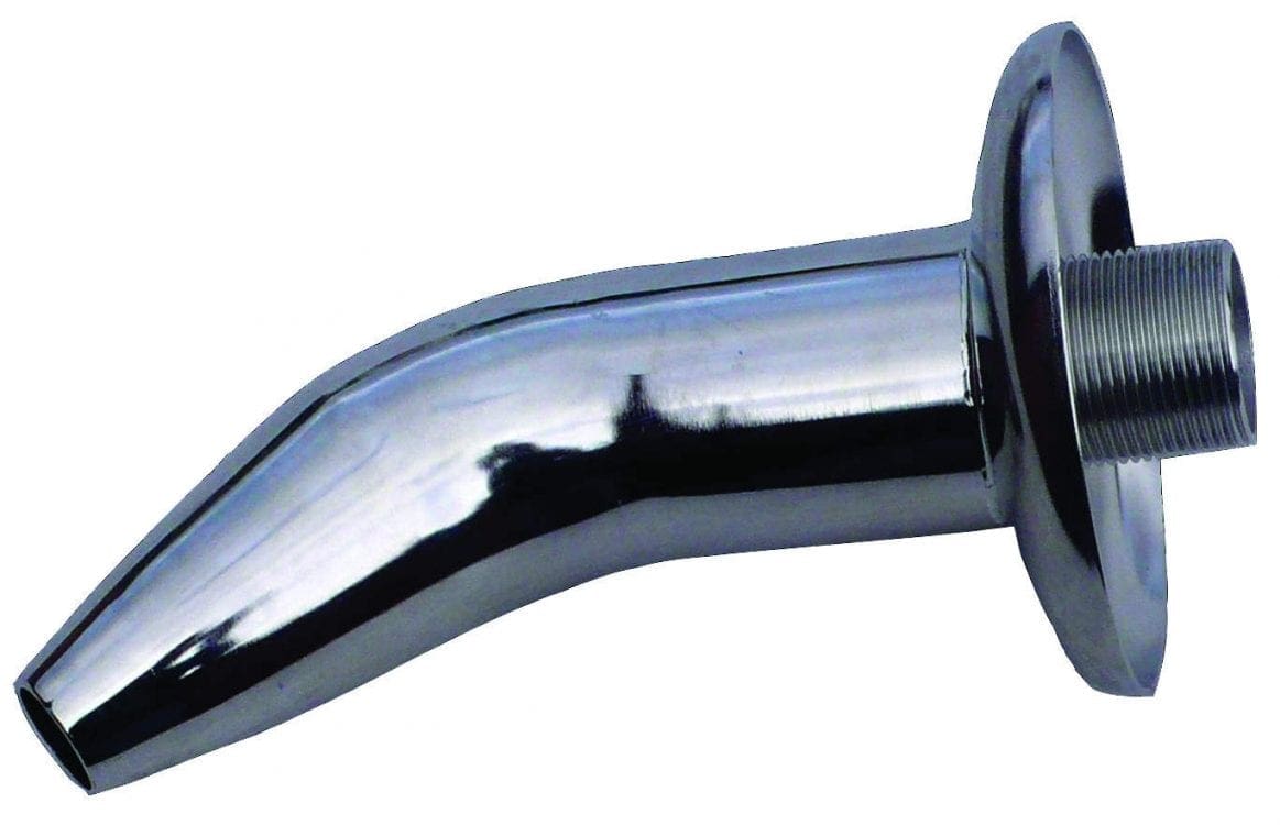 A polished chrome bathtub spout projects angled downward, showing a threaded inlet and circular escutcheon; its reflective surface catches highlights and shadows against a plain white background.