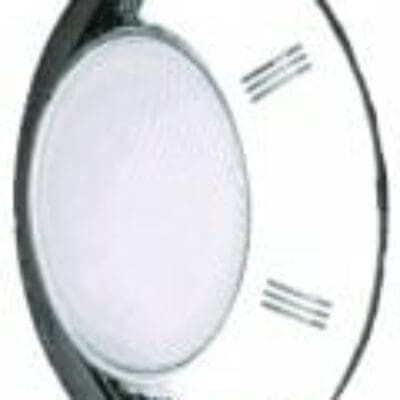 Circular flush-mount ceiling light fixture with chrome trim and white frosted diffuser, featuring three short vent slots on the rim, shown mounted against a plain white ceiling.